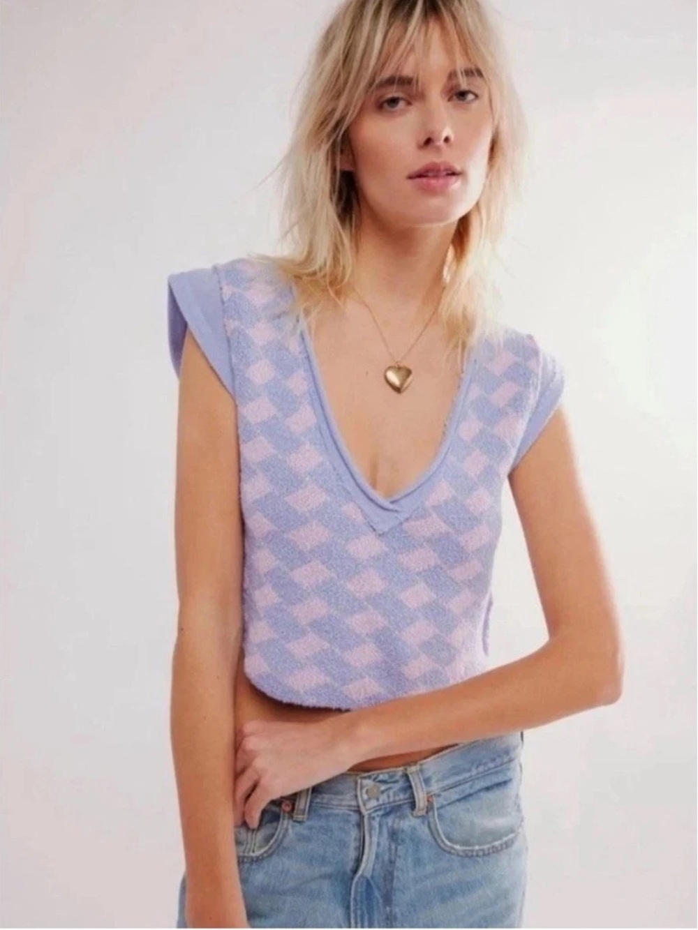 Free People Lola Top XS Purple Pink Argyle Cropped Knit Sweater Tank